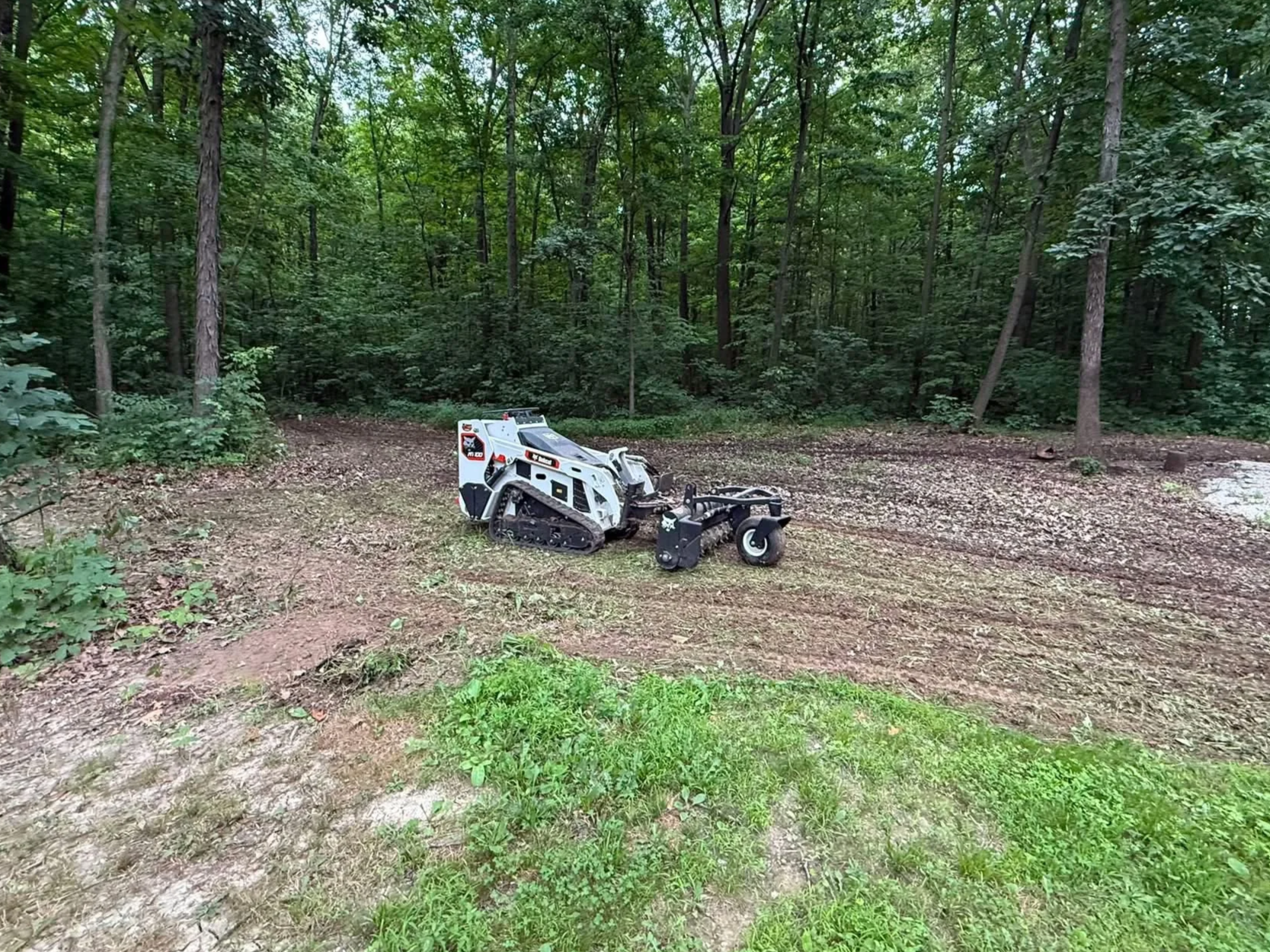 Tracked compact skid steer with a land-leveling attachment clearing a wooded area