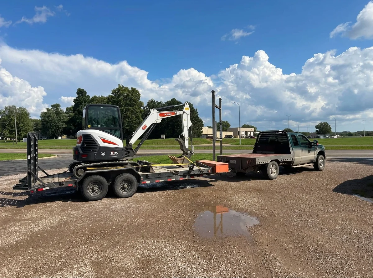 Bobcat E35 compact excavator secured on a dual-axle equipment trailer hitched to a pickup truck.