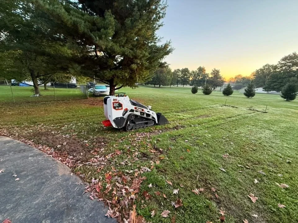 Compact tracked skid-steer loader parked on a grassy residential lawn at sunrise