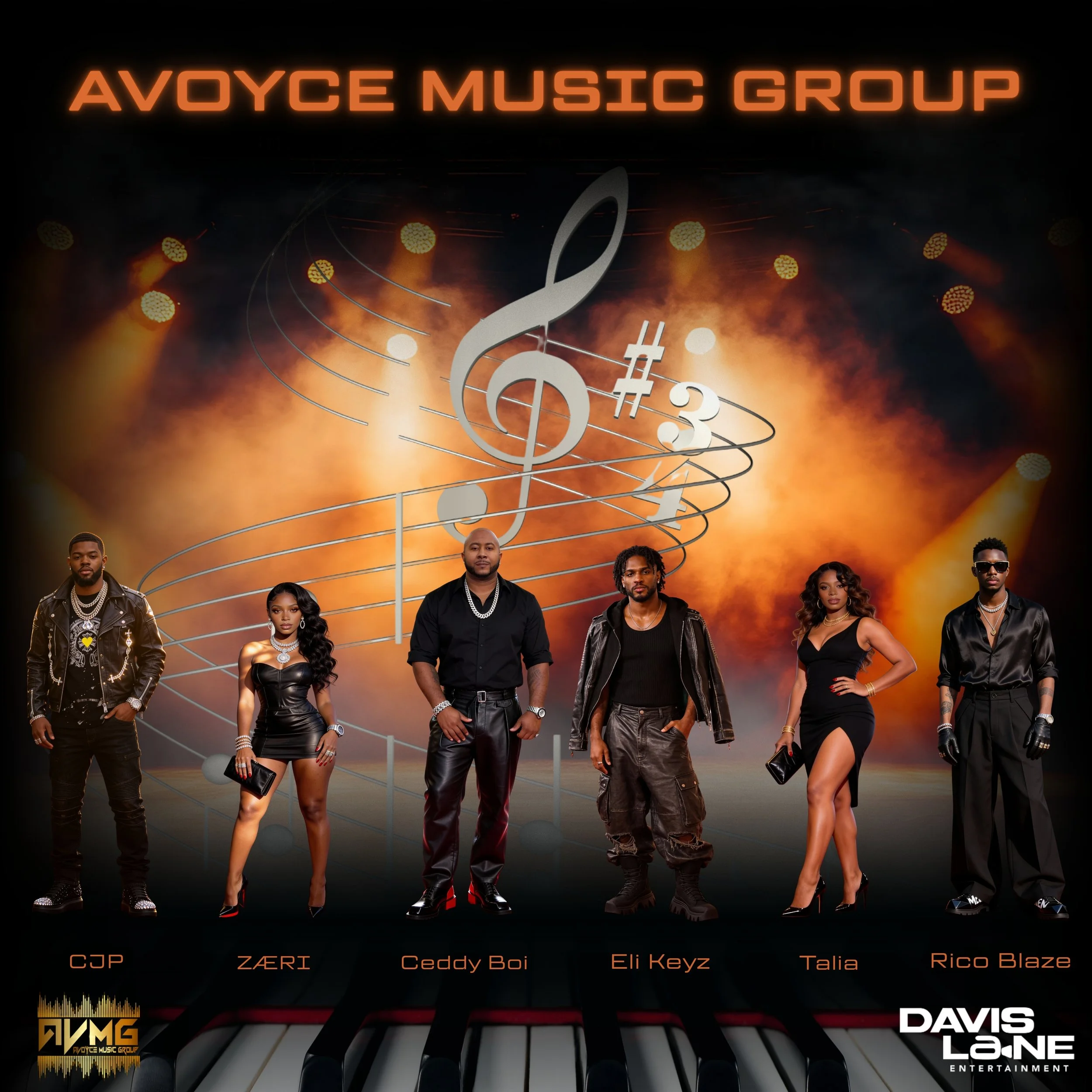 Promo image for Avoyce Music Group featuring six artists standing in front of a backdrop with musical notes, a treble clef, and stage lighting. Names from left to right: CJP, ZAREI, Ceddy Boi, Eli Keyz, Talia, and Rico Blaze. Davis La. Ne Entertainment logo at bottom right.