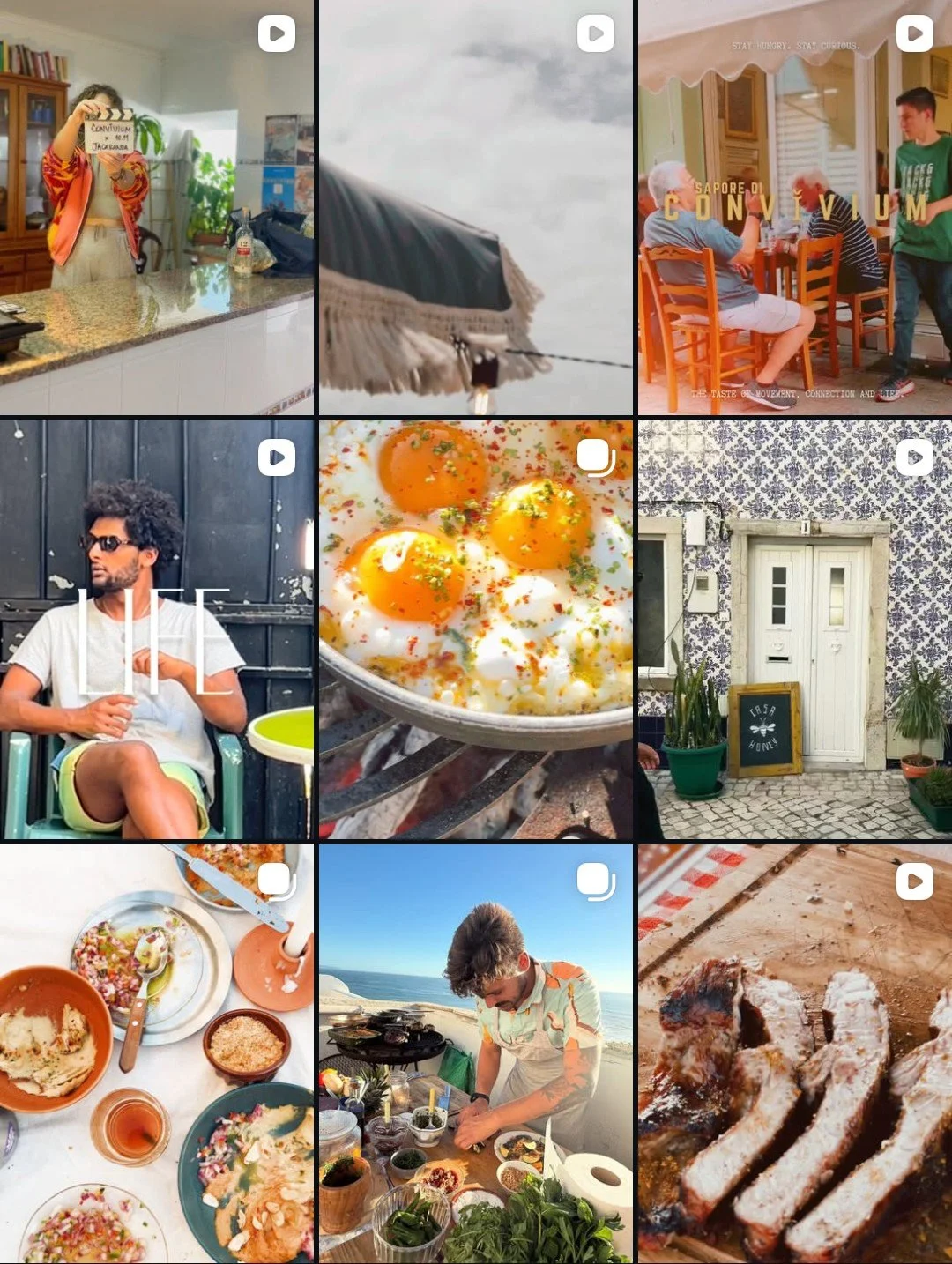 Collage of nine images including people enjoying a meal, a person at a beach, a door with plants, a close-up of eggs, a person preparing food outdoors, and grilled meat.
