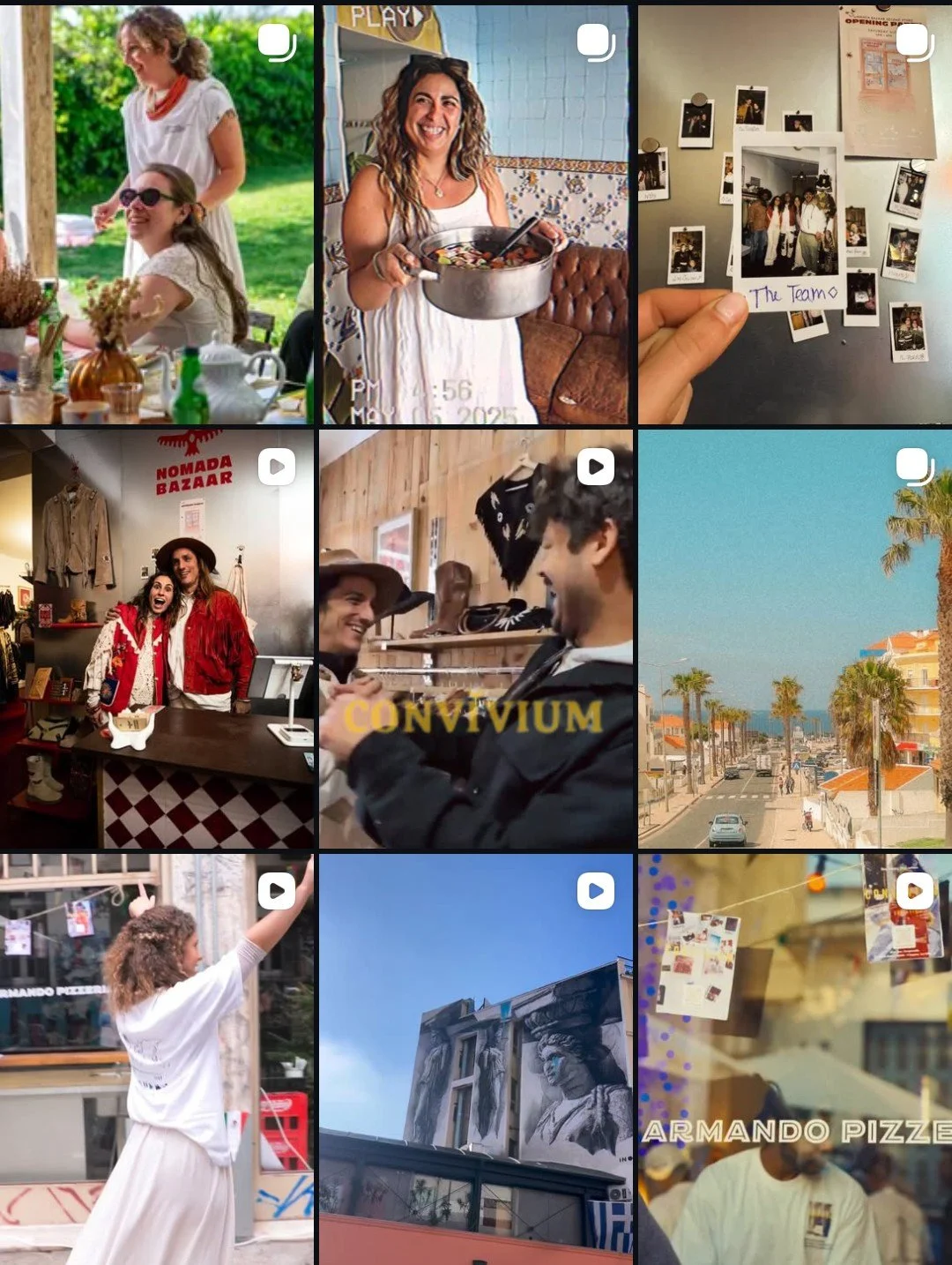 Collage of nine images depicting various scenes: Friends enjoying outdoor meal, woman holding pot in restaurant, wall with Polaroid photos, two women at clothing store, two men smiling in vintage shop, beachside street view with palm trees, girl reaching for balloon, mural on building, and person behind counter at a bakery.