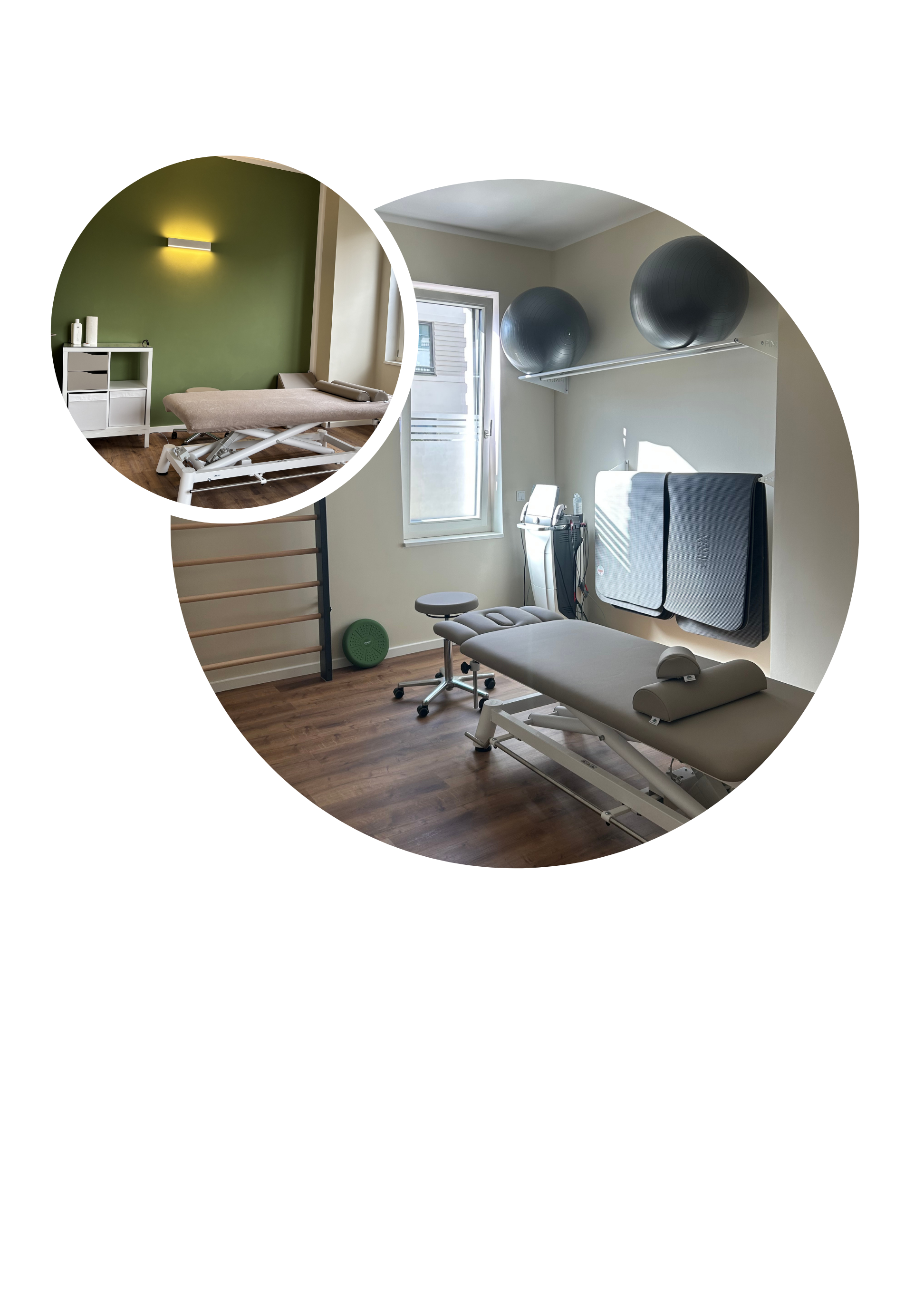 Innenansicht einer Physiotherapiepraxis mit Behandlungsliegen, Gymnastikbällen und therapeutischen Geräten.