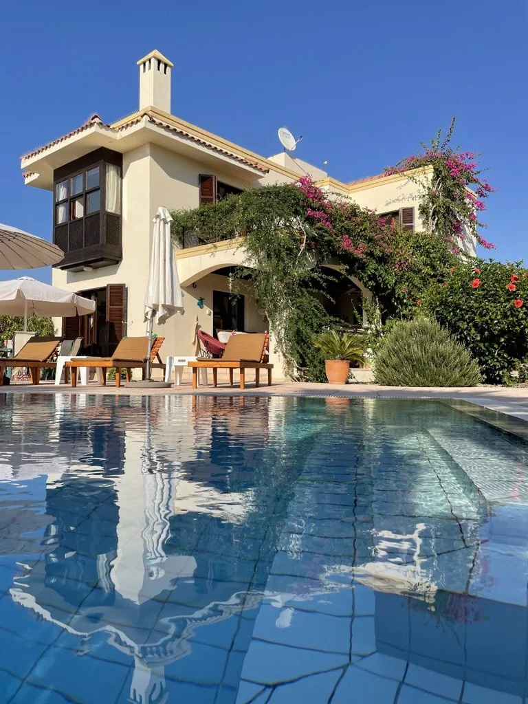 A house with a swimming pool in the foreground, surrounded by lounge chairs, umbrellas, and lush greenery under a clear blue sky.