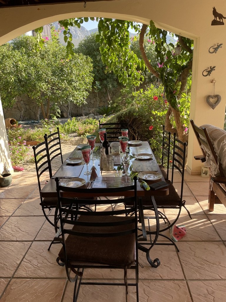A dining table set for six with plates, glasses, and napkins on a patio, overlooking a lush garden with flowers and trees, under a shaded arch.