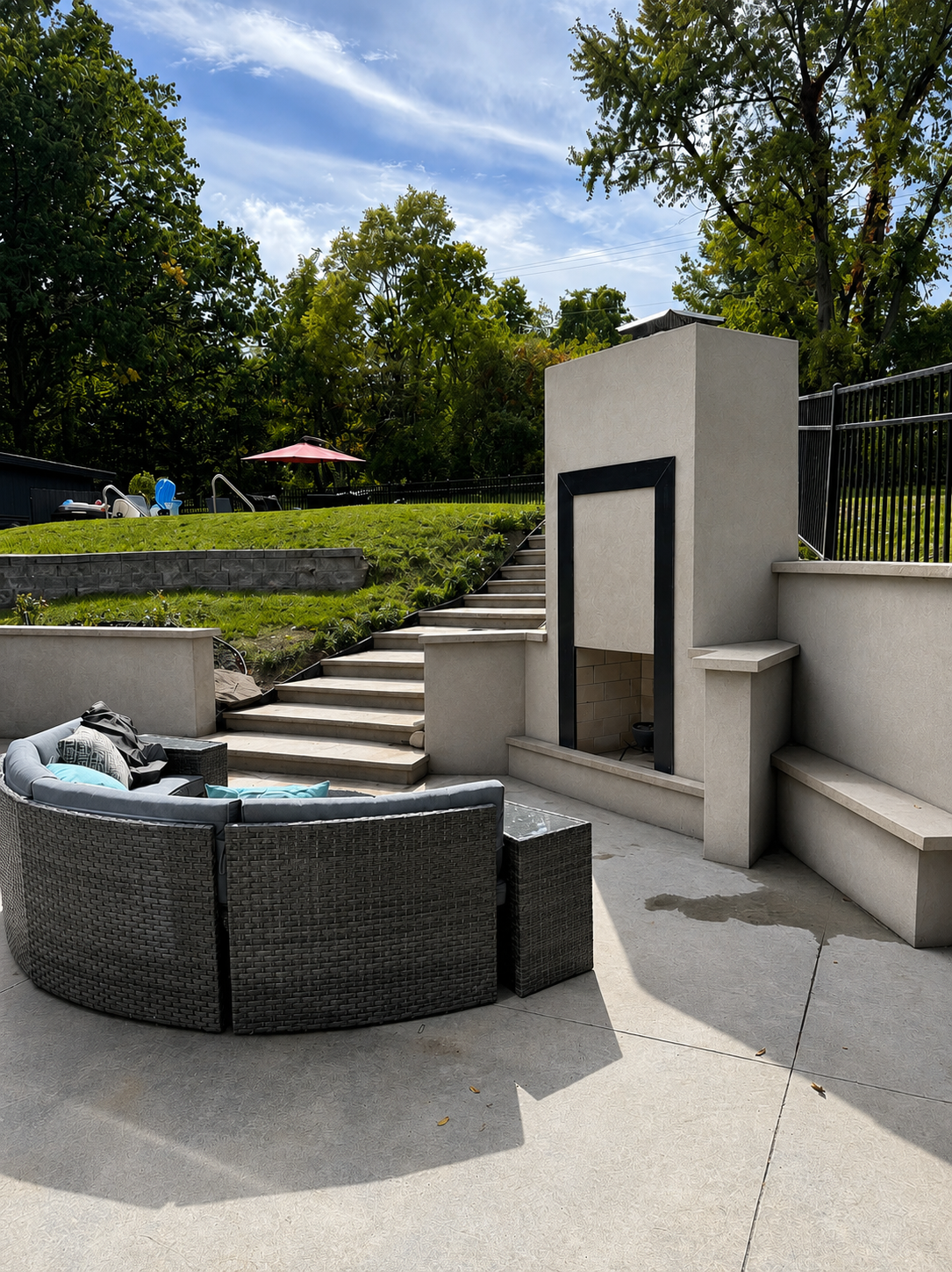 Stampcrete, stairs, custom stucco fireplace.