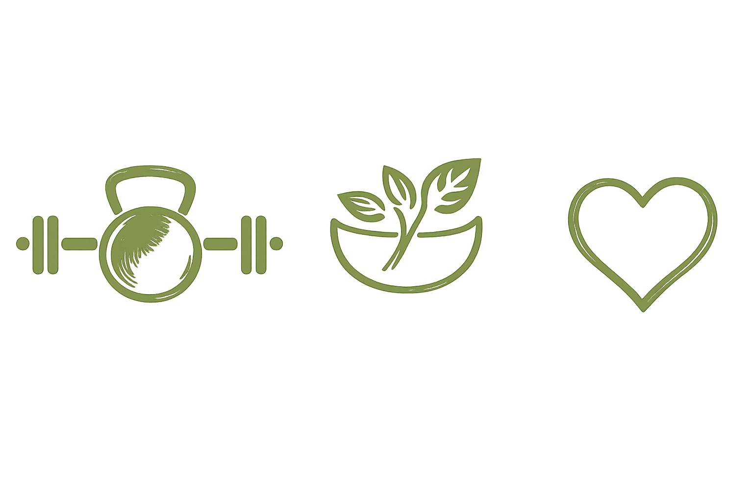 Line drawing of a fitness kettlebell, plant in a pot, and heart outline, all in green outline style.