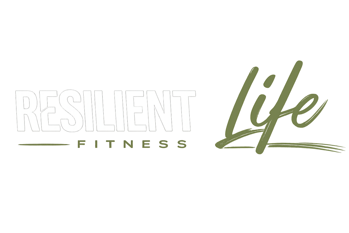 Resilient Life Fitness logo with the words 'RESILIENT' in bold white font and 'Life' in cursive green font, with 'FITNESS' underneath in smaller green letters.