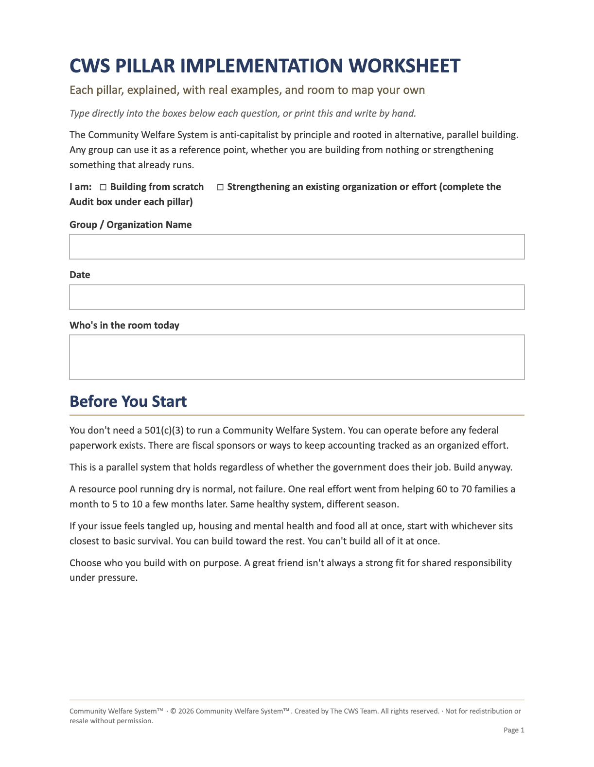 CWS Pillar Implementation Worksheet