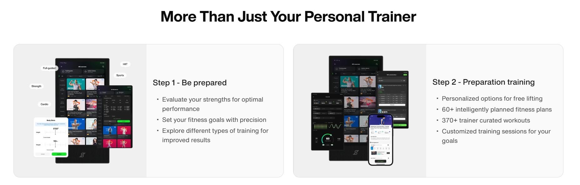 Screenshots of a fitness app's user interface on multiple devices, with text highlighting features and training steps for fitness planning and workouts.