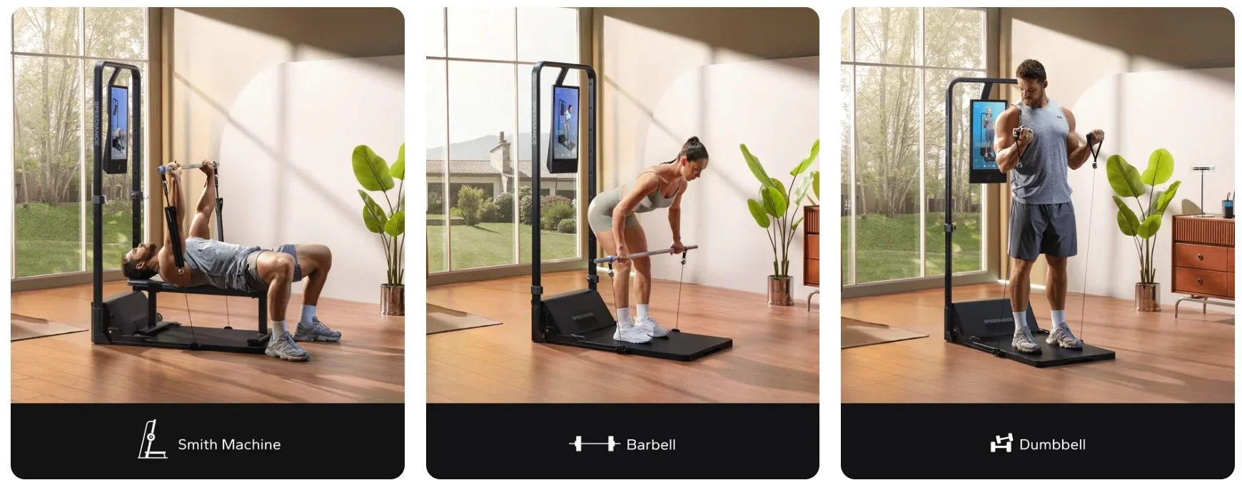 Three images showing different exercise equipment in a home gym: a Smith machine with a man lying on it, a woman using a barbell on a platform, and a man lifting dumbbells. Each image has a label at the bottom for the equipment type.