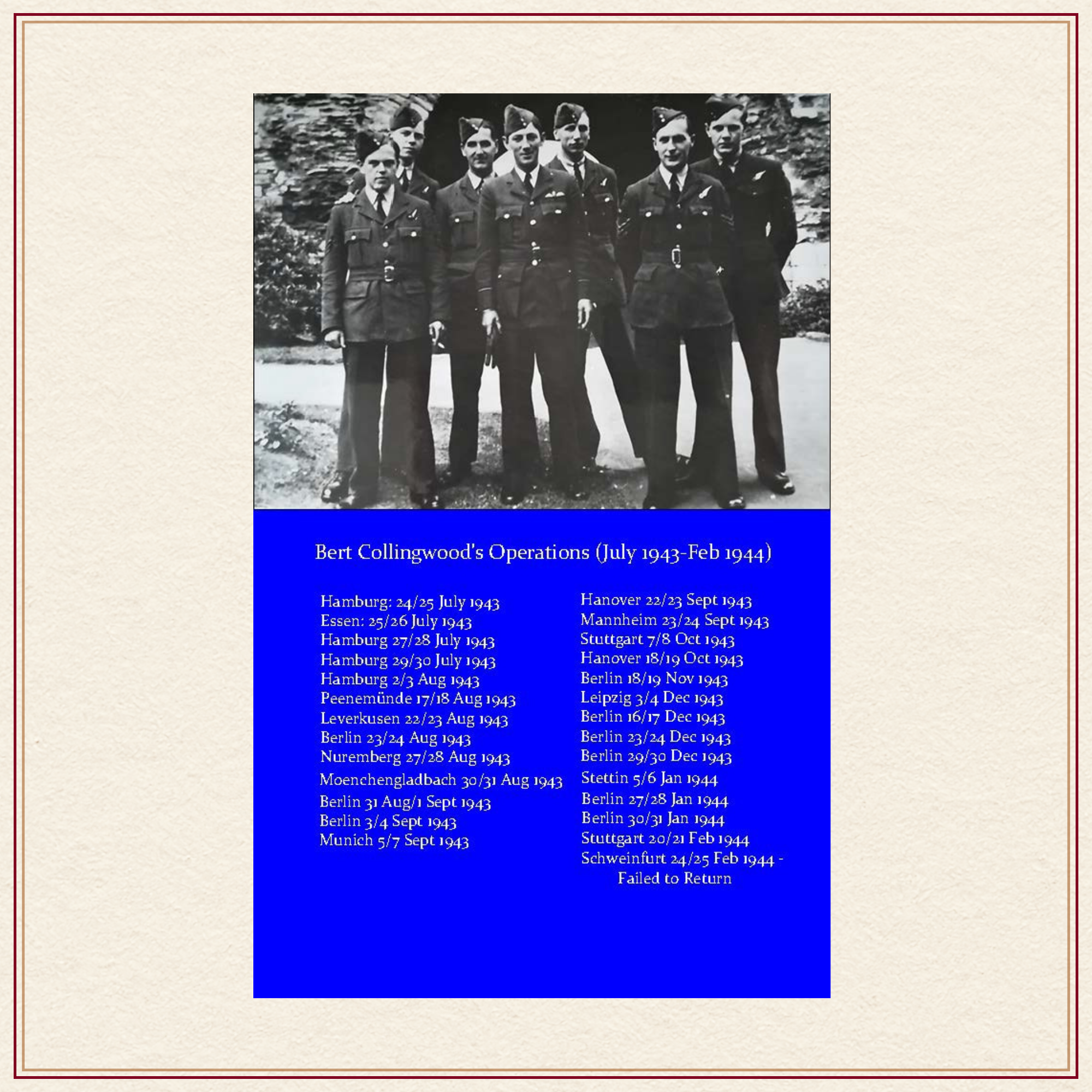 Back cover of Surviving Bomber Command book showing wireless operator Bert Collingwood and Lancaster crew in 1944