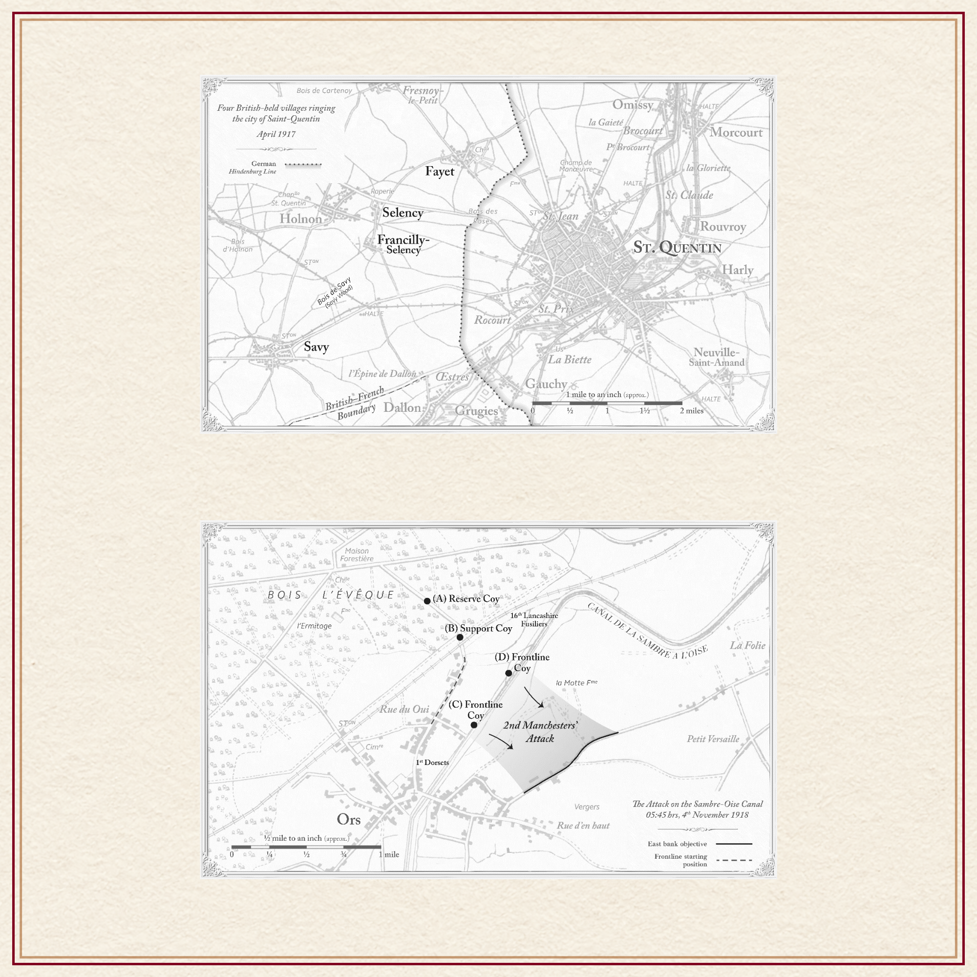 April 1917 map of four British-held villages surrounding Saint-Quentin - extract Wilfred Owen The Ugly Truth