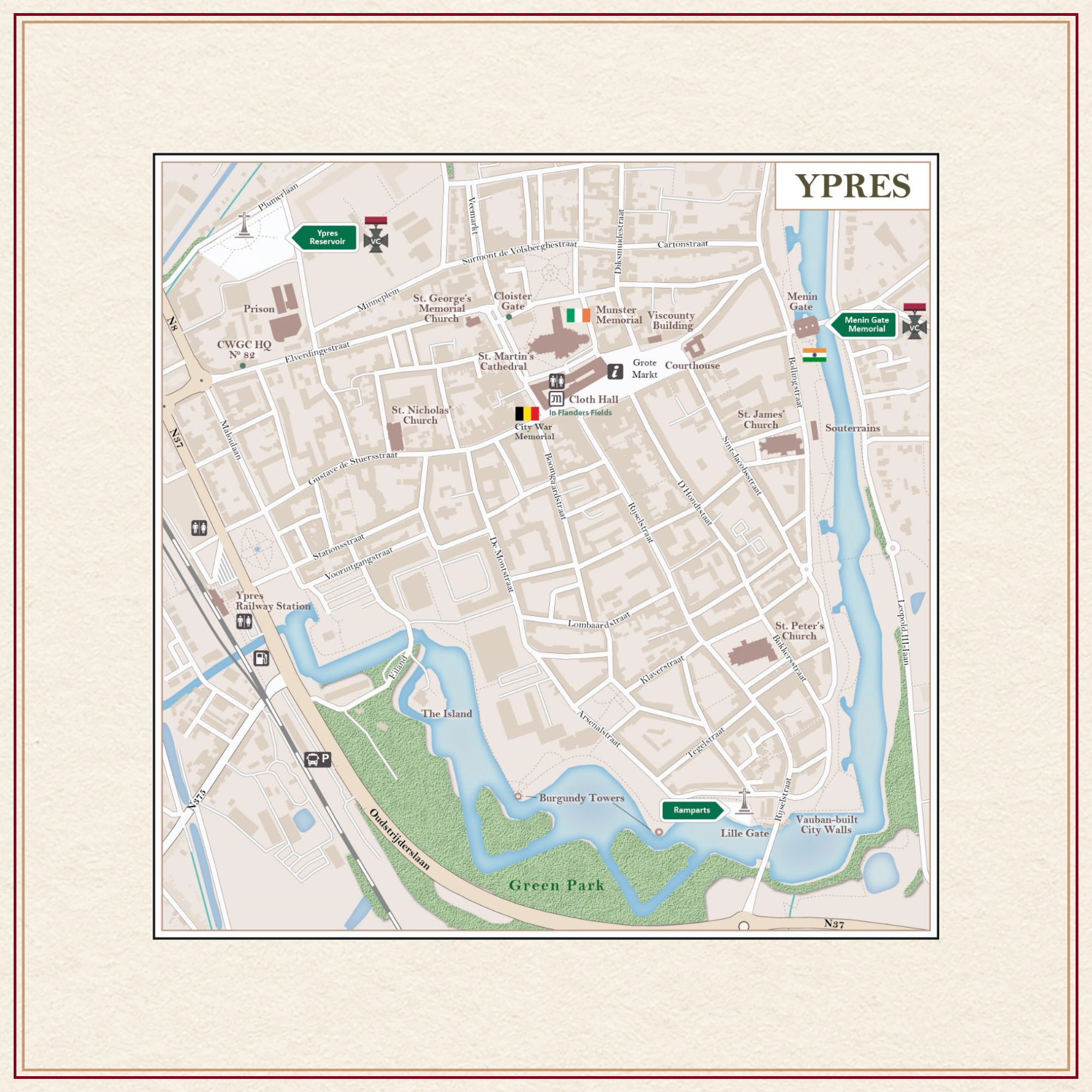 Ypres City Map Insert and WWI Commonwealth War Graves Cemetery Detail