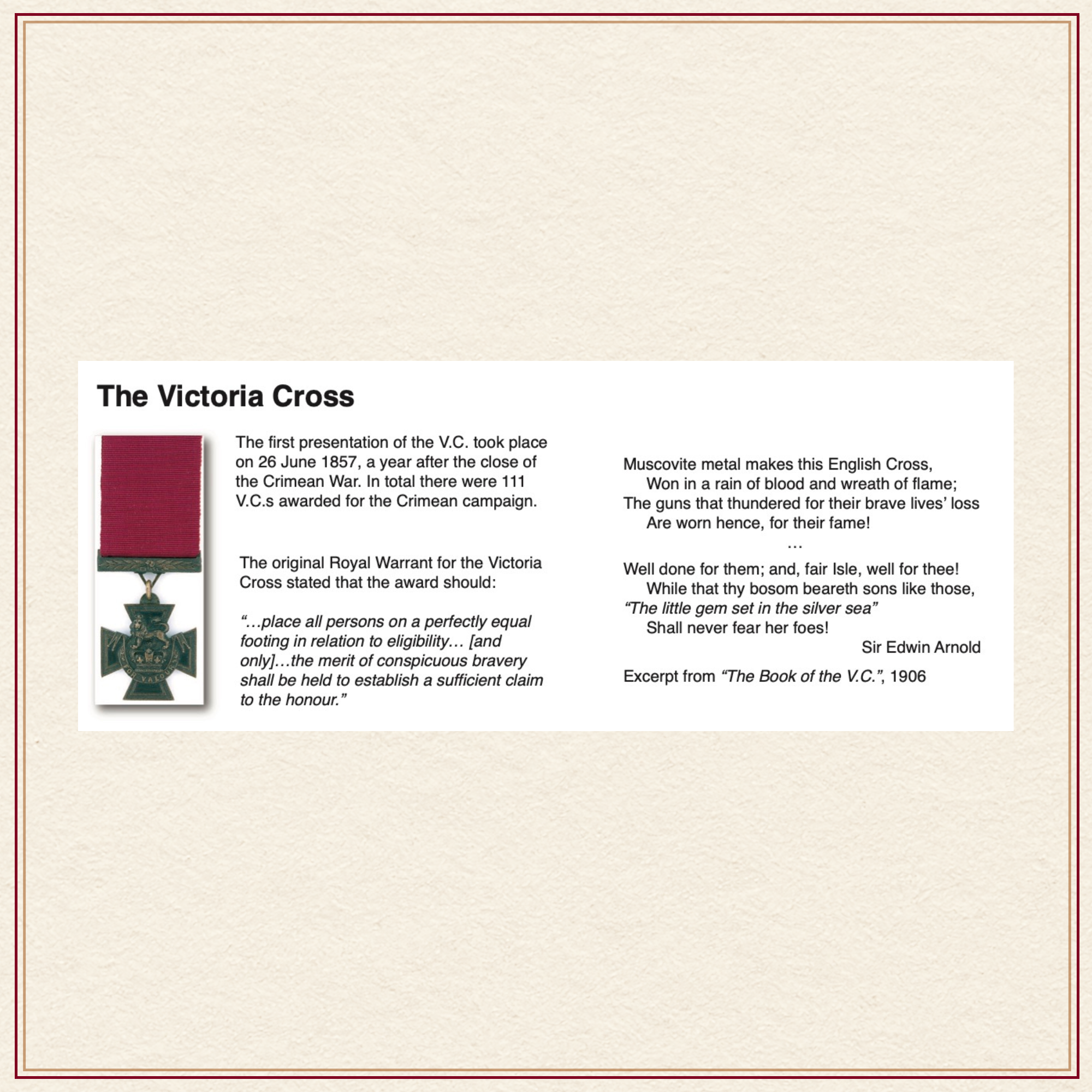 Detailed view of historical notes and recipient criteria for the Victoria Cross Medal on Crimean War map