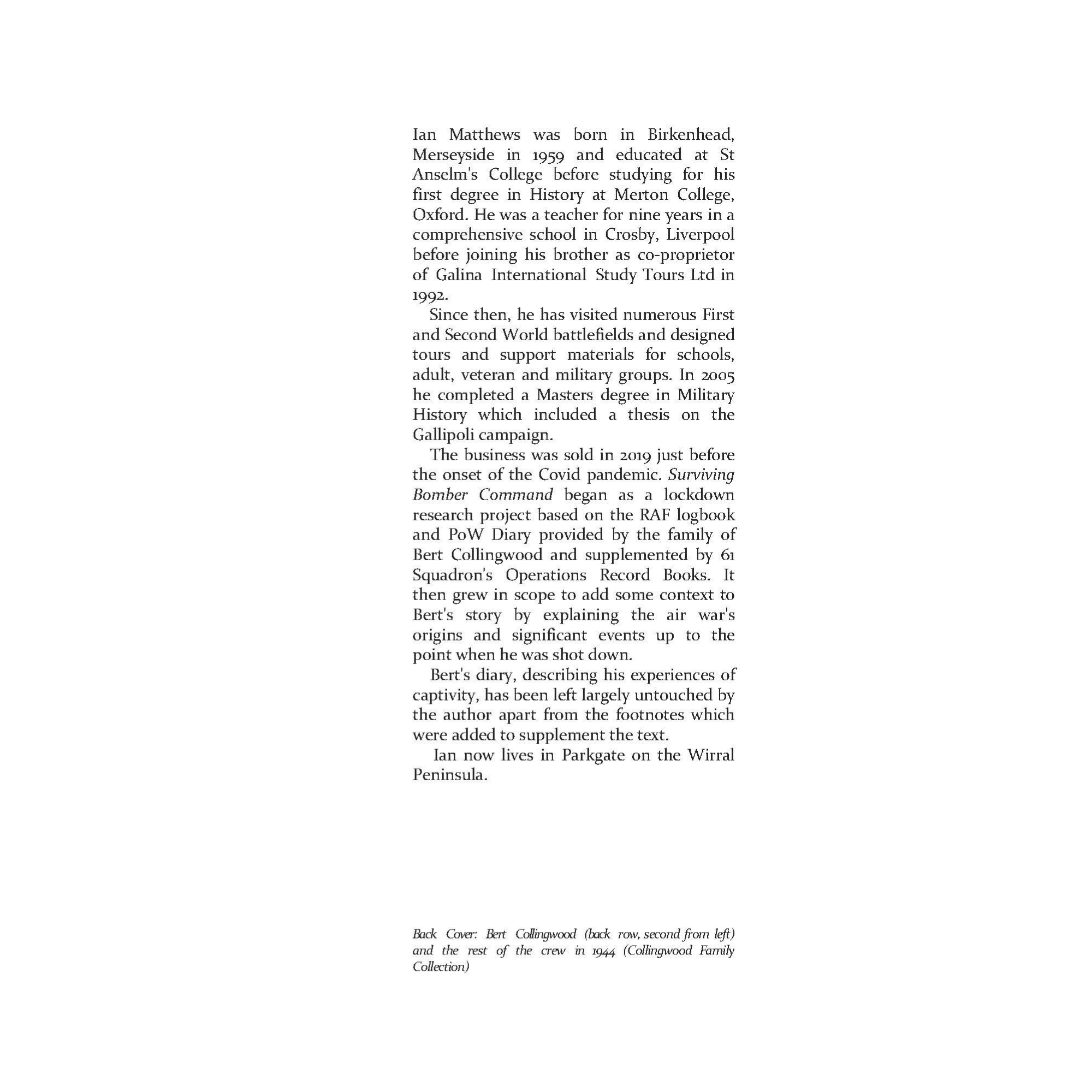 Inside back flap text biography of WW2 veteran Bert Collingwood DFM military history