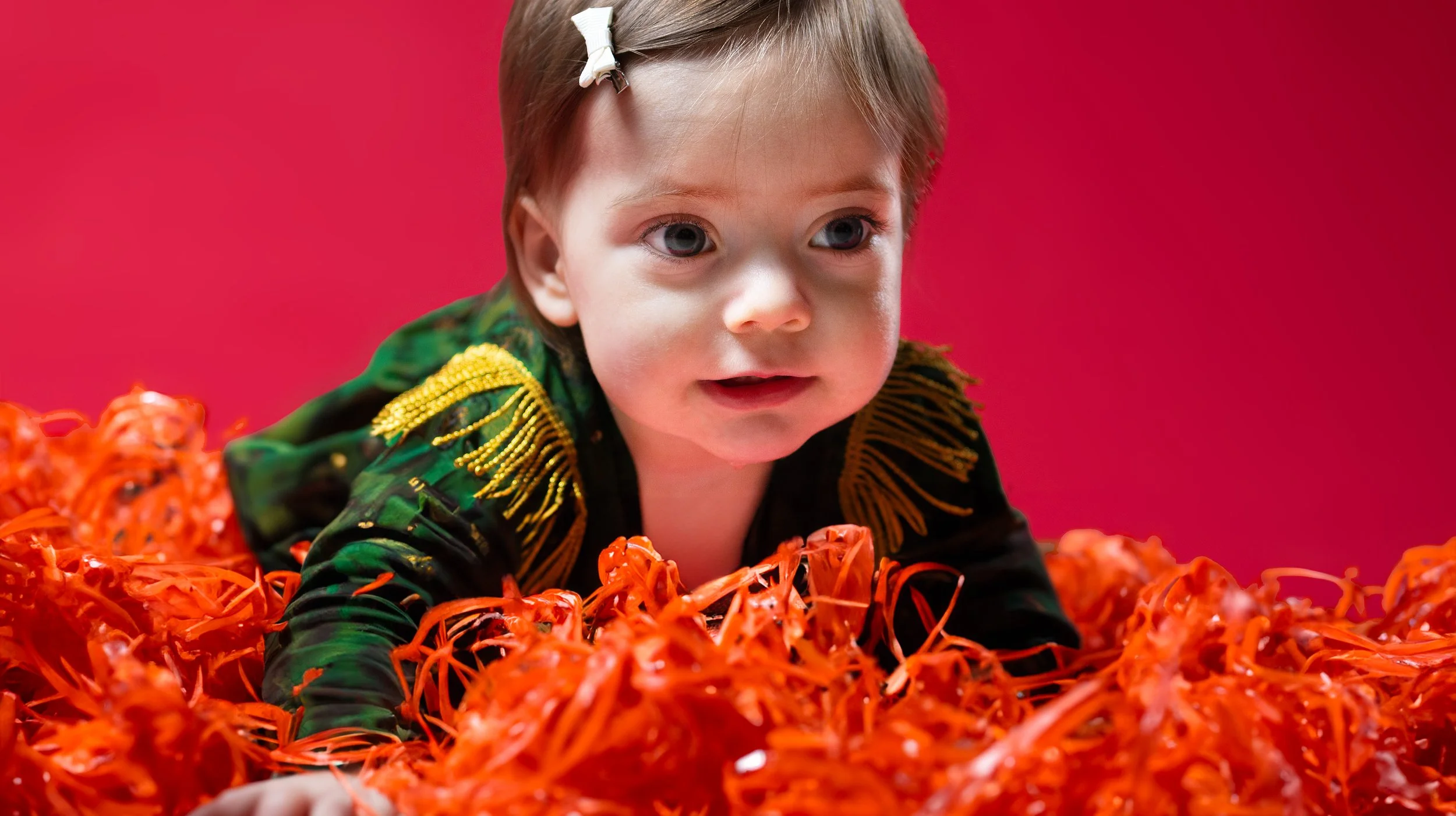 A young girl with big blue eyes and a white bow in her hair crawling through a bed of bright red decorative twigs against a red background. She is wearing a vibrant green and black garment with gold embellishments. BoldVision Studios