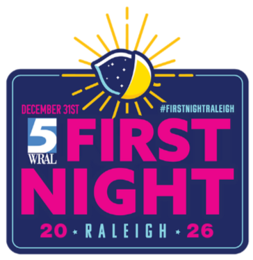 Event poster for New Year's celebration at WRAL in Raleigh, December 31st, 2025, featuring a sun and moon icon.