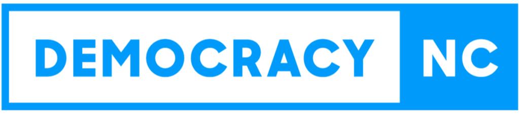 Image of a logo for Democracy NC with a black border, blue background, and white and black text.
