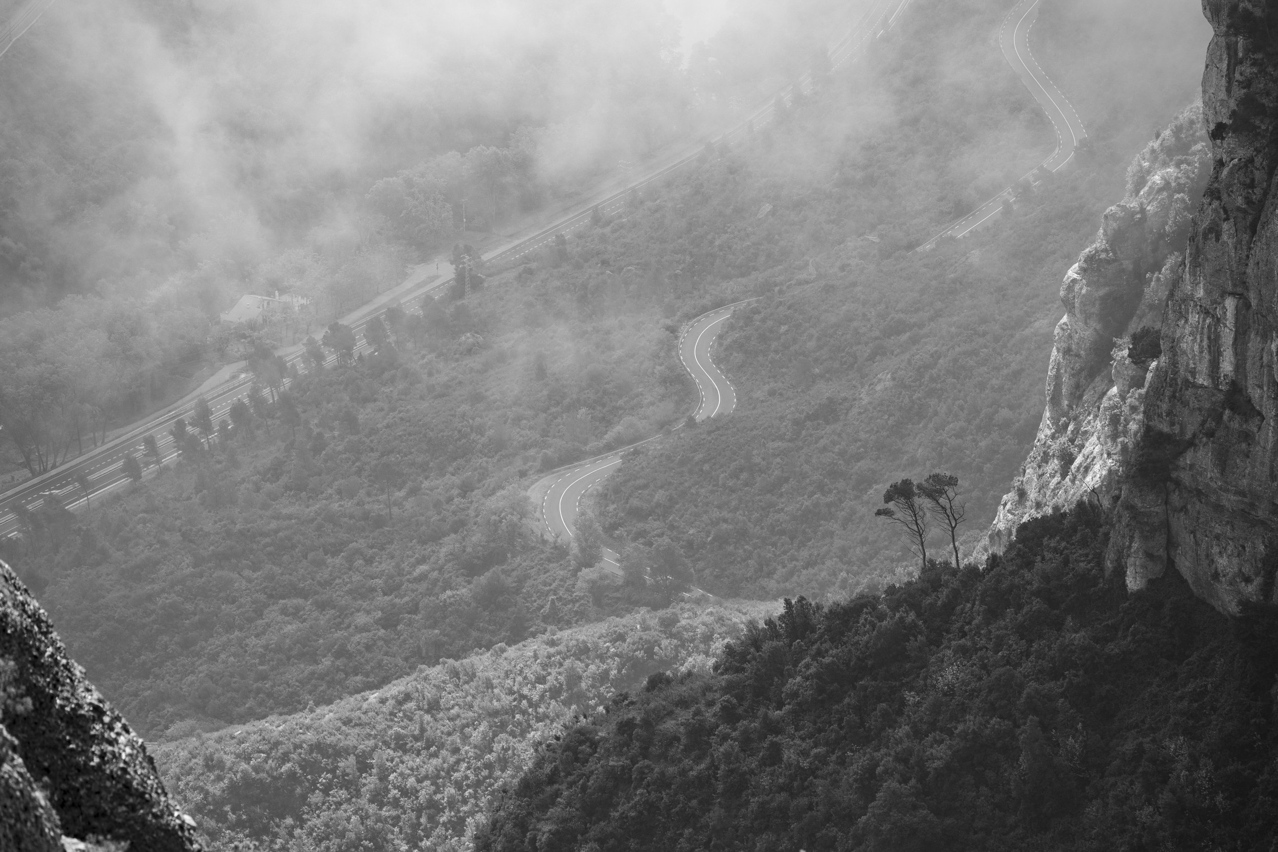 A winding mountain road surrounded by trees and mist, with rocky cliffs on the right side. BoldVision Studios