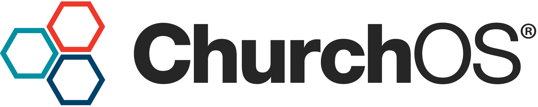 ChurchOs logo with a design of three interconnected hexagons in teal, red, and navy blue, and the word "ChurchOs" in black text.