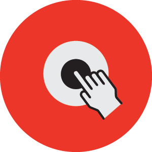 A red button with a white circle in the center and a hand icon pressing the button.