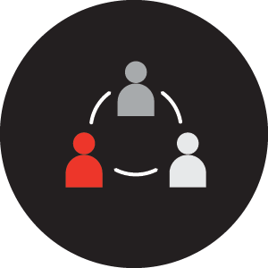 Icon of three people connected in a circle, with one person highlighted in red, representing a network or group.