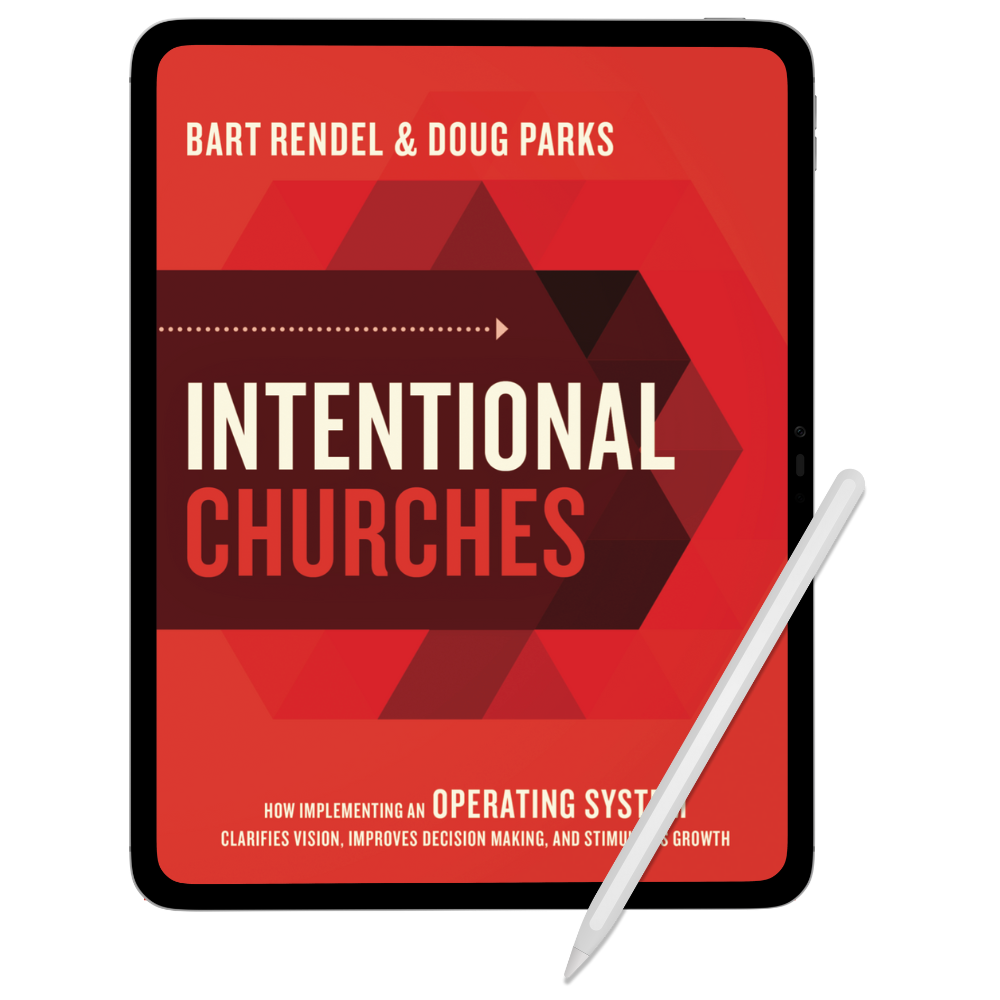 Cover of a book titled "Intentional Churches" by Bart Rendel & Doug Parks, with a red geometric background and a stylus pen resting on the side.