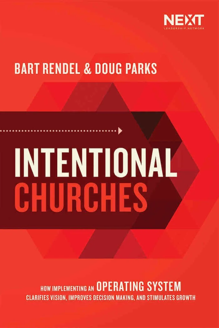 Book cover titled 'Intentional Churches' by Bart Rendel and Doug Parks, with a red and dark red geometric background, and the NEXT Leadership Network logo.