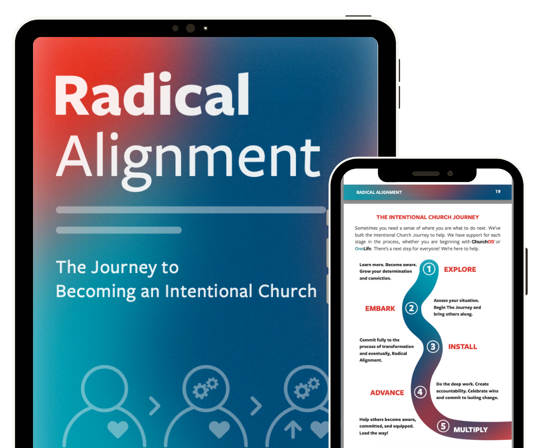 Cover page of a digital booklet titled "Radical Alignment" with the subtitle "The Journey to Becoming an Intentional Church." A smartphone screen displaying a page with the title "The Intentional Church Journey" and a five-step process diagram in a gradient color scheme.