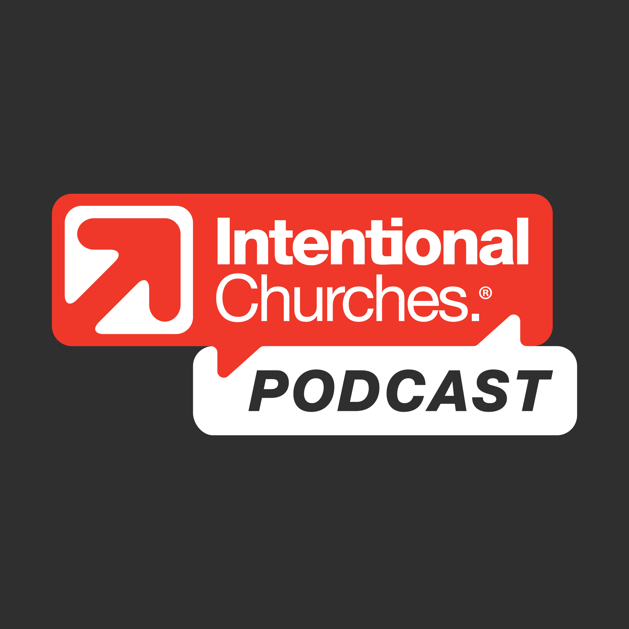 Red and white graphic logo with speech bubble design and text 'International Churches Podcast' on a black background.