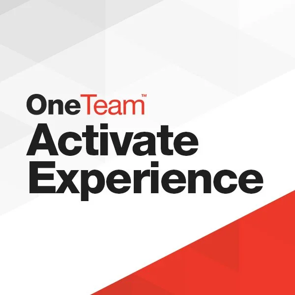 Logo with the words "OneTeam" in black and red, and the slogan "Activate Experience" in bold black letters, with a red and white geometric background.