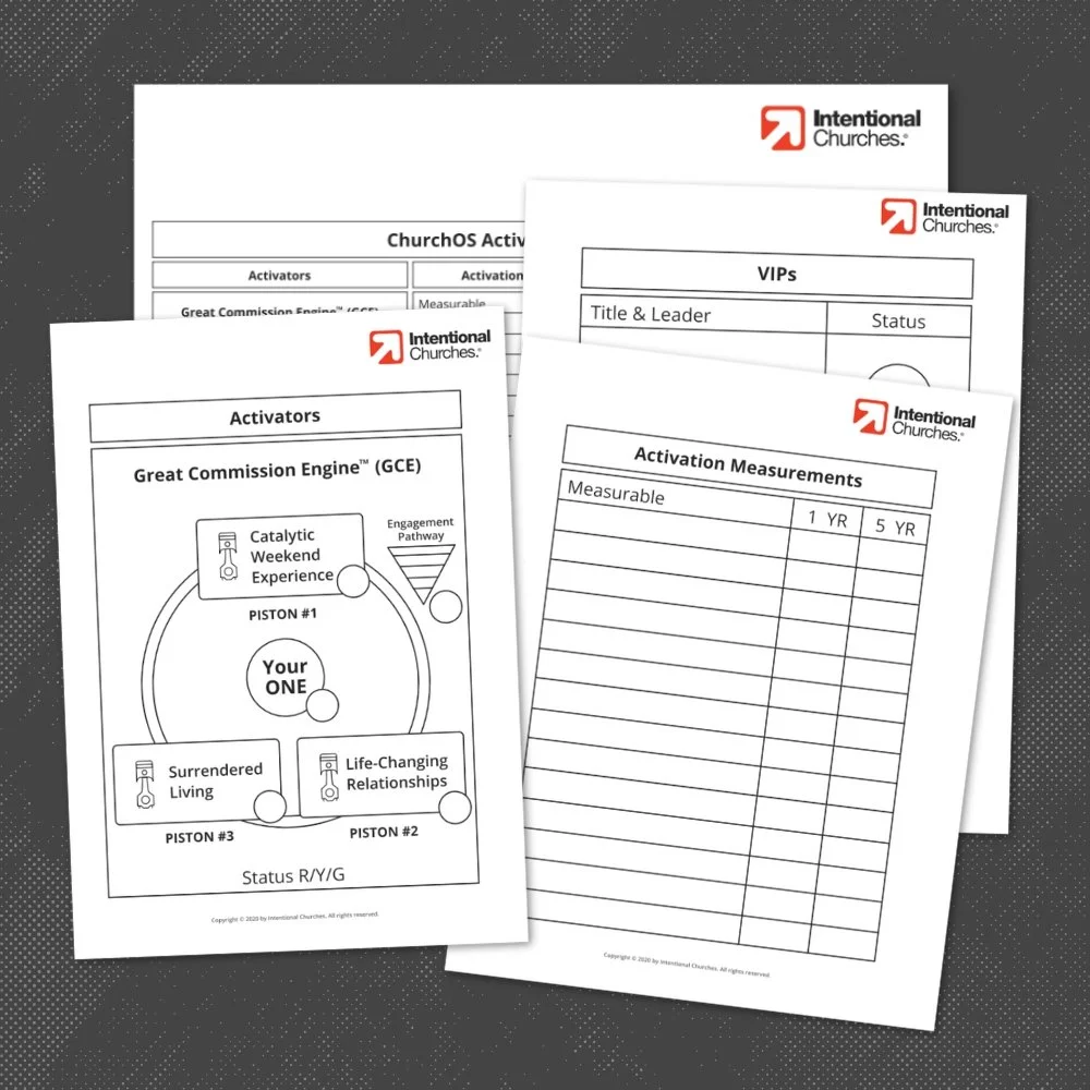 Multiple documents from Intentional Churches on a dark surface. The documents include charts and progress reports for church activators and VIPs, featuring diagrams and measurement tables.