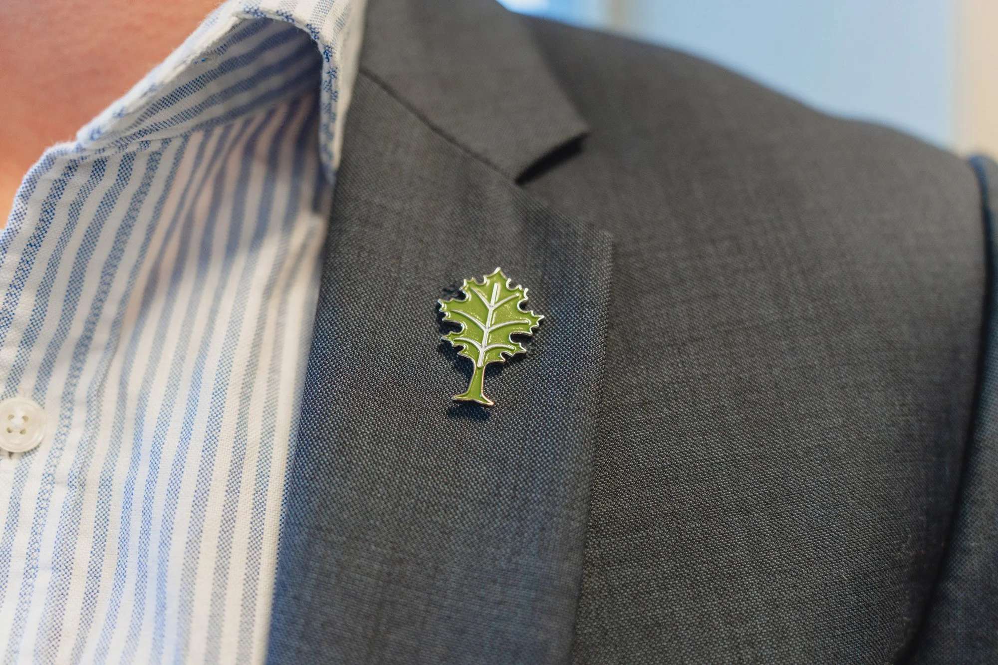 Close-up of a person wearing a gray suit jacket with a lapel pin in the shape of the Community Foundation's green leaf on the left side