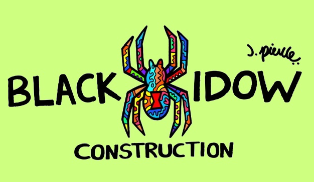 Colorful spider illustration with the words "Black Widow Construction" and the artist's signature "J. Pierre" on a light green background.