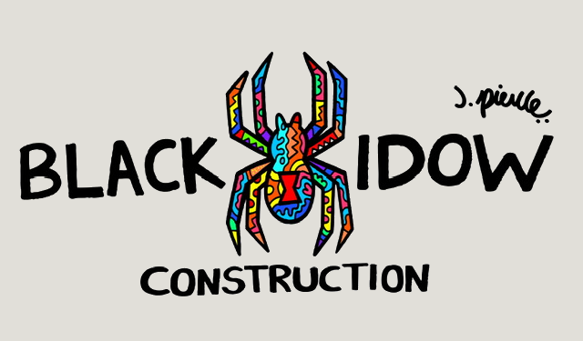 Colorful abstract illustration of a spider with text reading 'Black Shadow Construction' and a signature in the upper right corner.