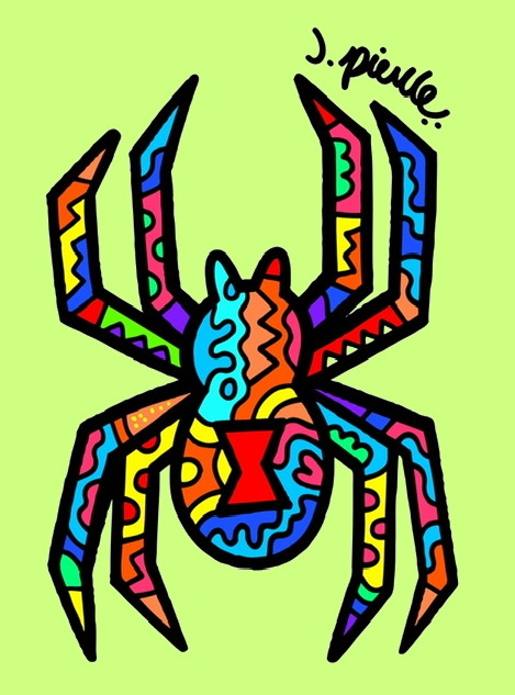 Colorful abstract drawing of a spider on a light green background.