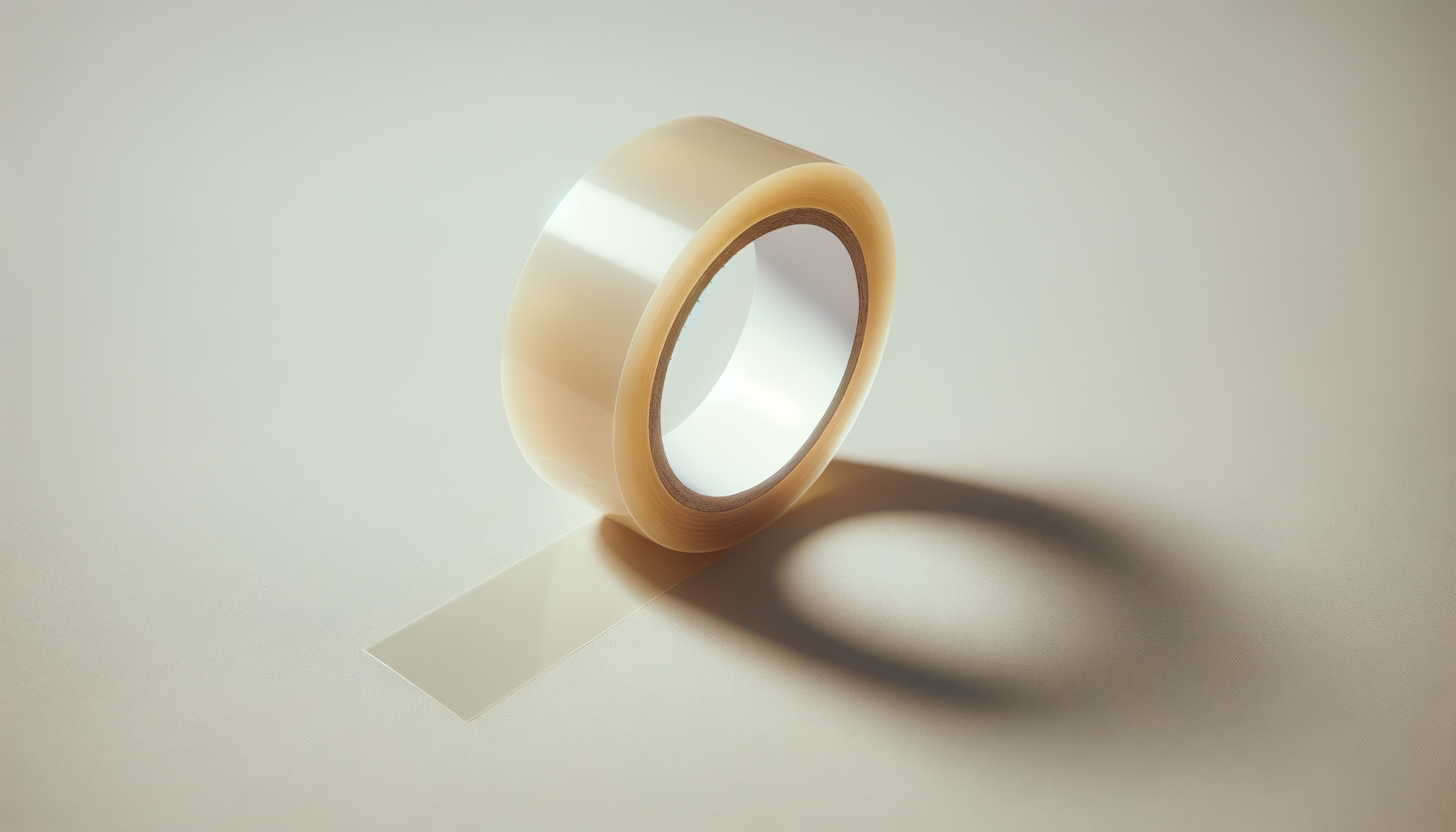 A roll of transparent adhesive tape on a light-colored surface with a shadow cast to the right.