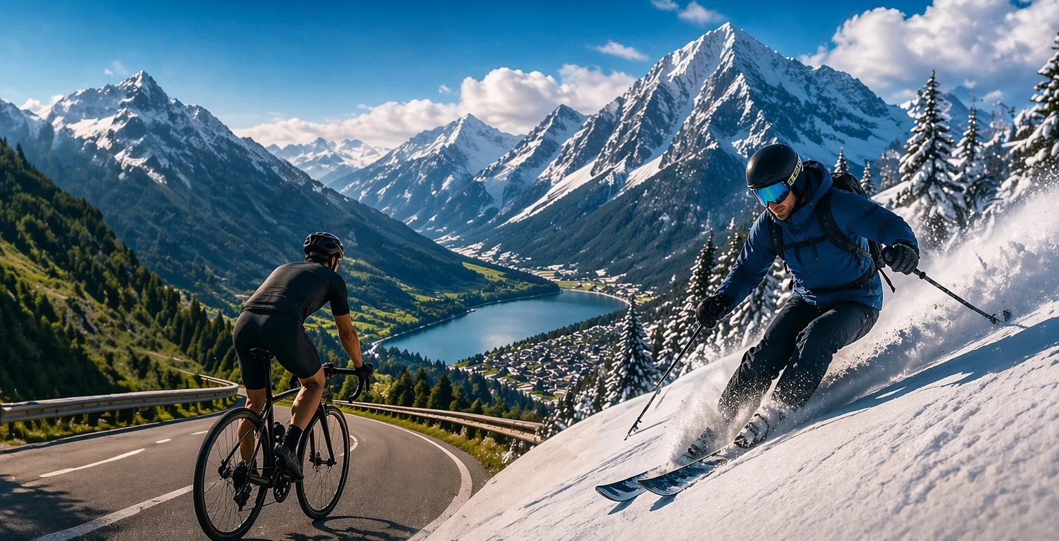 Two people cycling on a mountain road overlooking a lake with snow-capped mountains in the background, one person skiing on snow-covered slope.