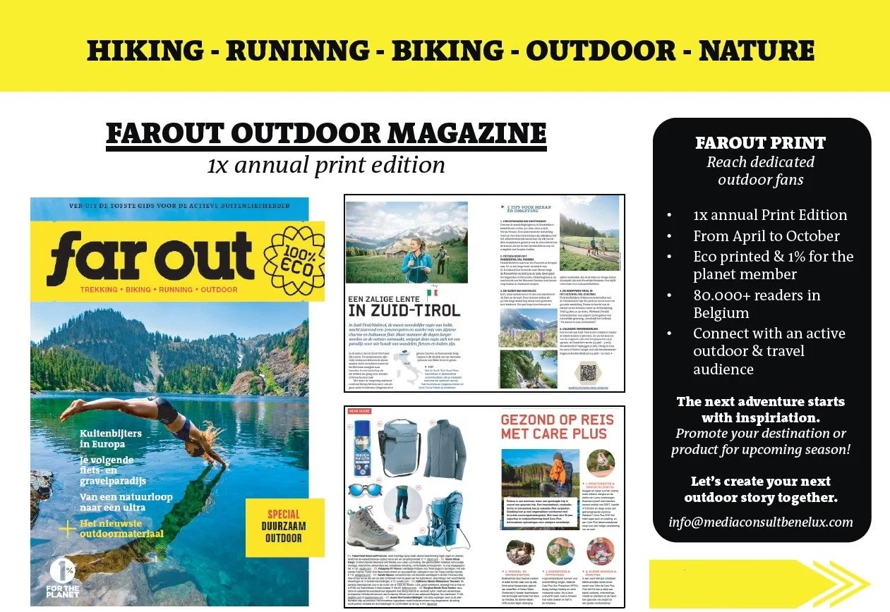 A promotional flyer for outdoor activities and magazine subscription. The top section lists outdoor activities like hiking, running, biking, outdoor, and nature. The left side features a magazine cover titled 'Far out' with a woman diving into a lake surrounded by mountains. The right side has magazine articles and product images. The black side panel on the right provides details about the magazine's outdoor print edition, including frequency, eco-friendly printing, readership, and contact information.