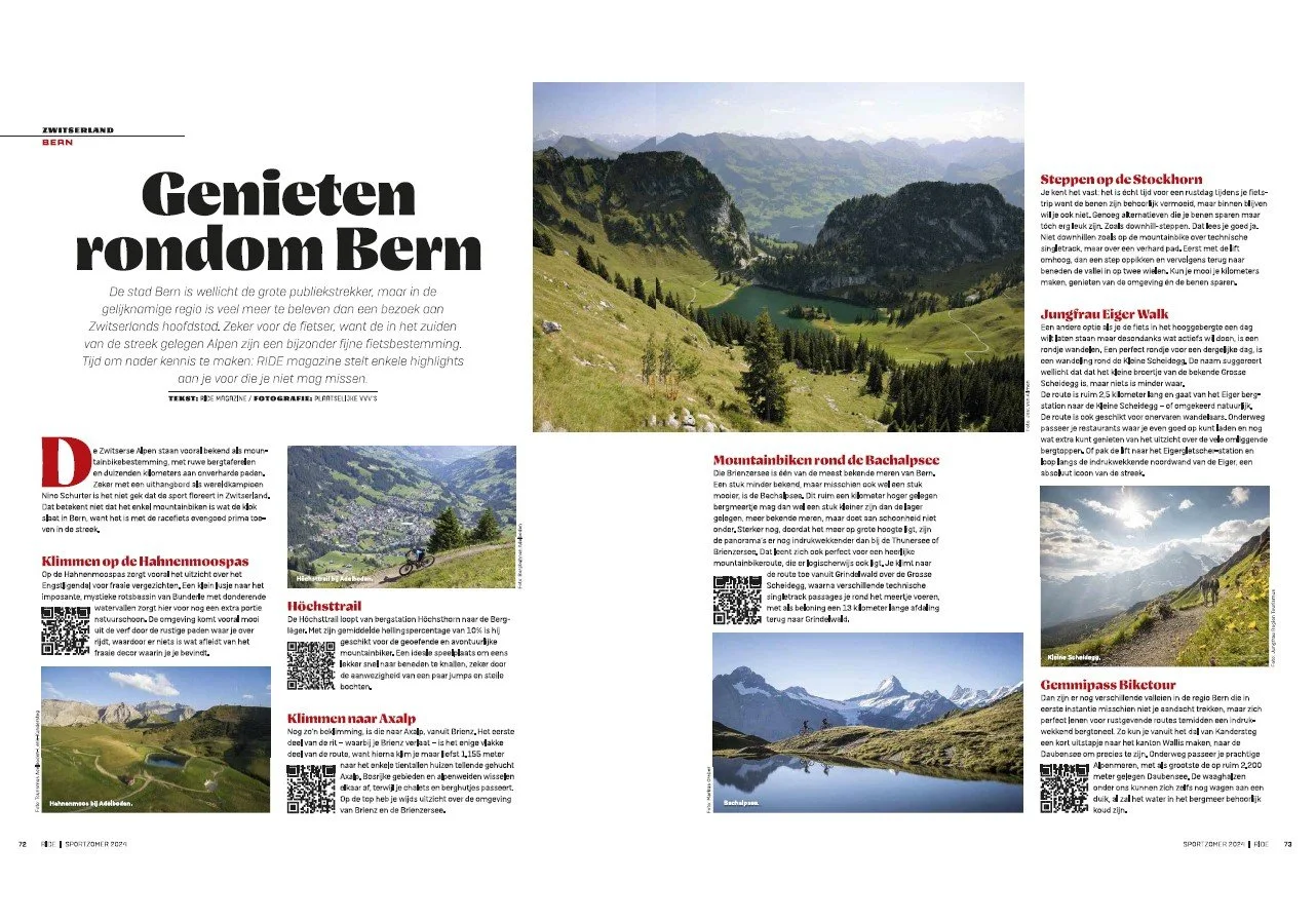 Magazine spread with different cycling routes around Bern, Switzerland