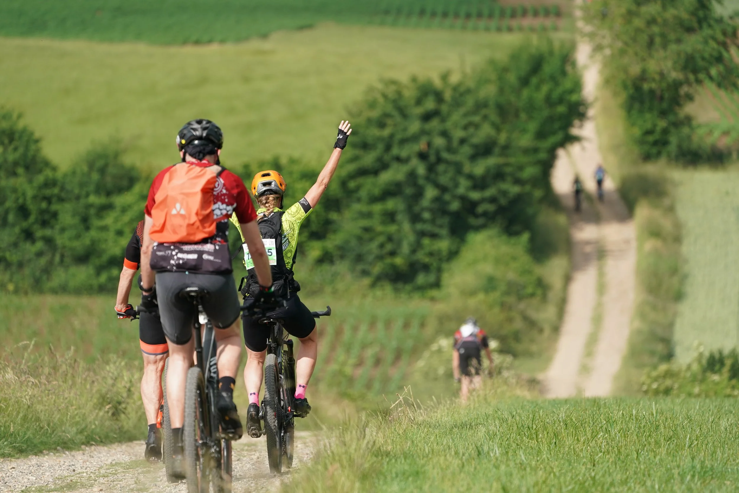 Mountain bikers on off-road trails in the hilly landscape of South Limburg, Netherlands.