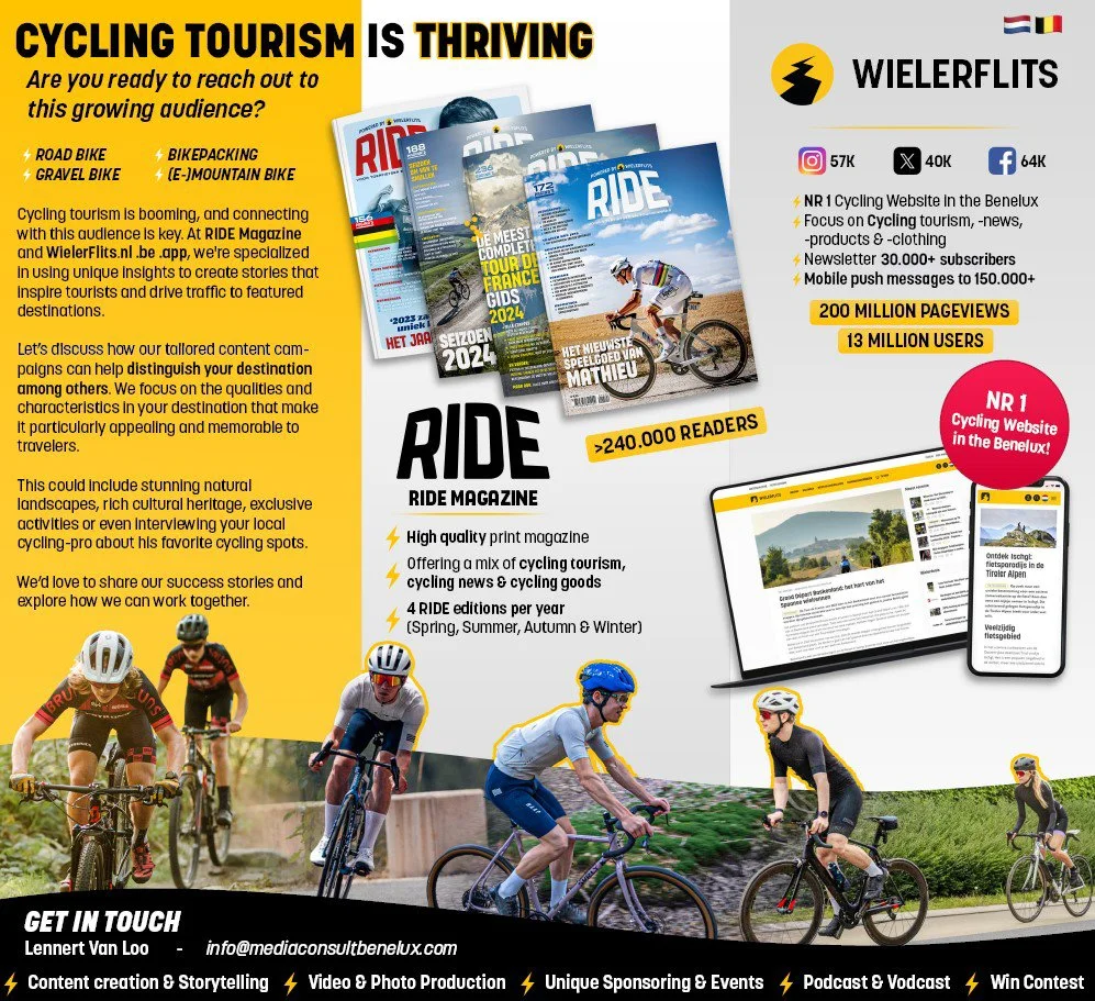 Poster promoting cycling tourism with magazines, cycling equipment logos, and a group of cyclists riding outdoors.