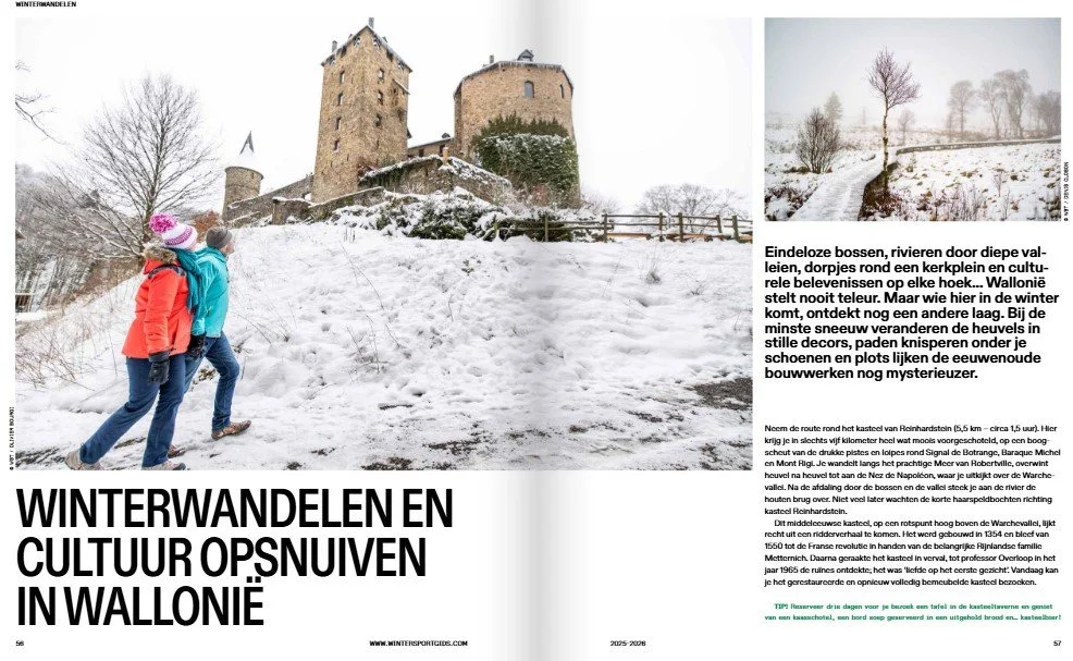 Couple winter hiking in the Ardennes near Bastogne