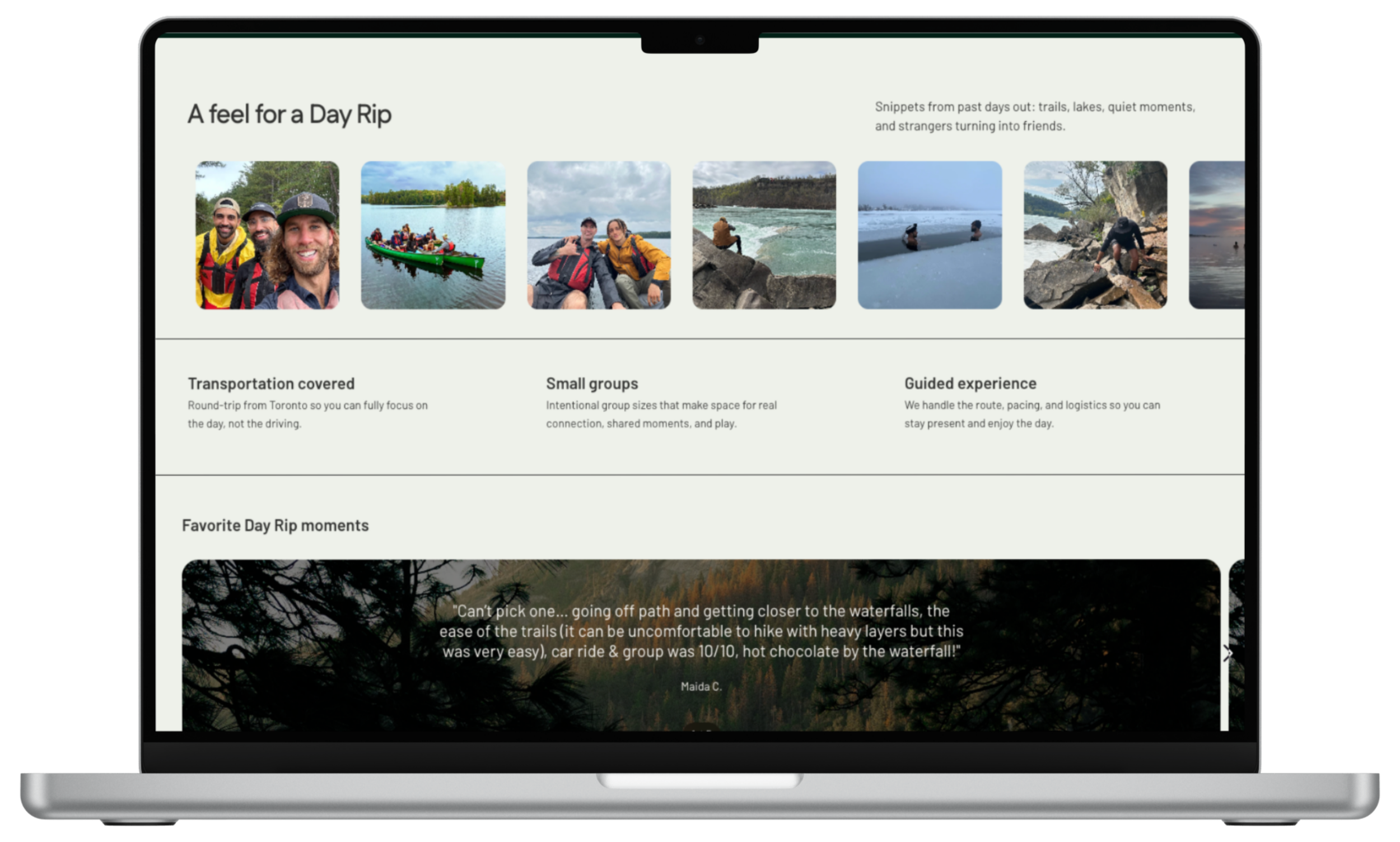 Feel for a Day Rip (Desktop) — A visually immersive section combining imagery, highlights, and testimonials to bring the experience to life.