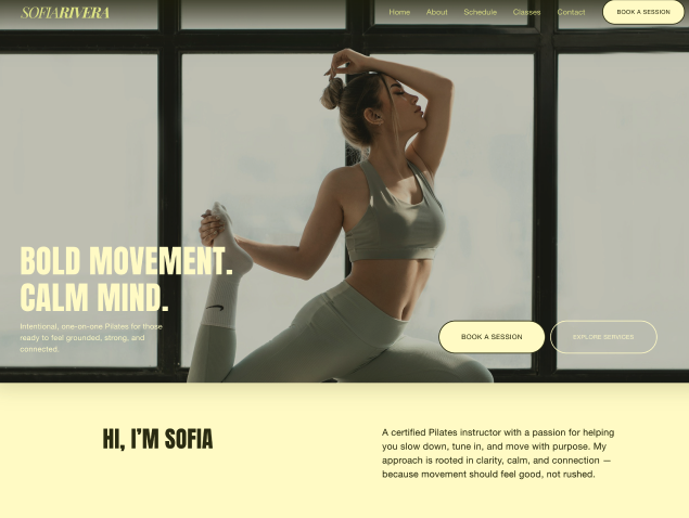 Sofia Rivera Pilates hero section design highlighting clean layout and user experience