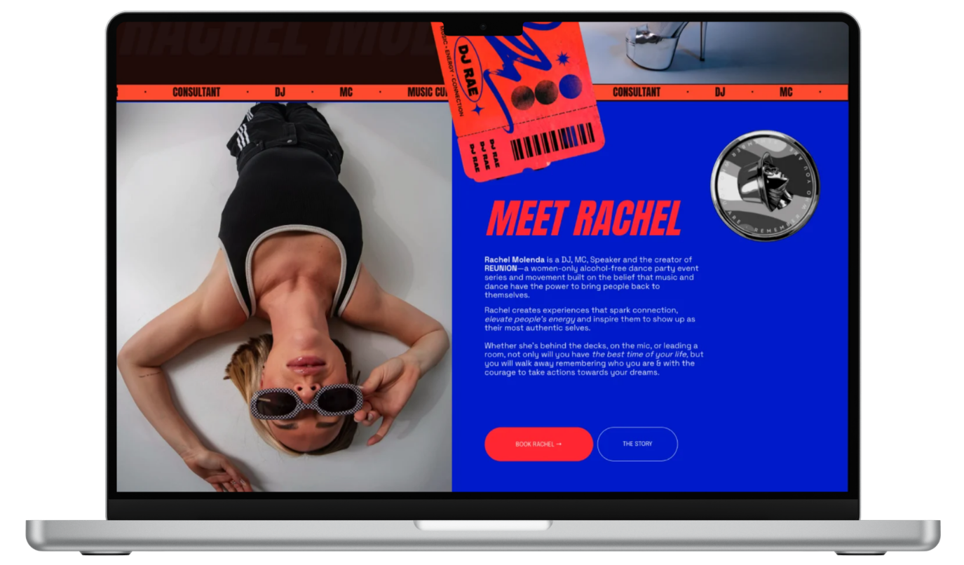 Homepage About Section (Desktop) — A quick introduction to who Rachel is and the experiences she creates.