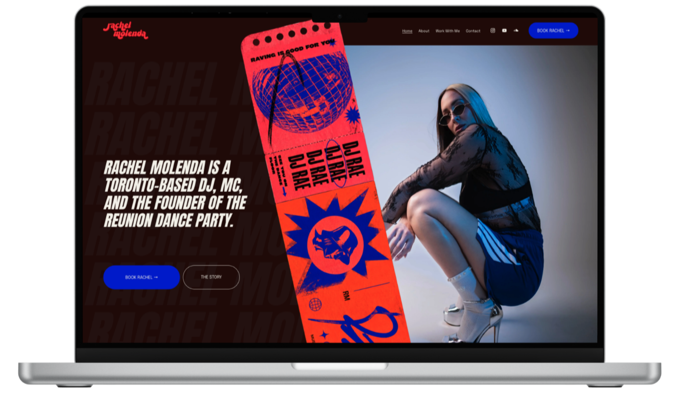 Homepage Hero Section (Desktop) — A bold, high-energy first impression that introduces Rachel as a DJ, MC, and REUNION founder in one line, with "Book Rachel" front and centre.