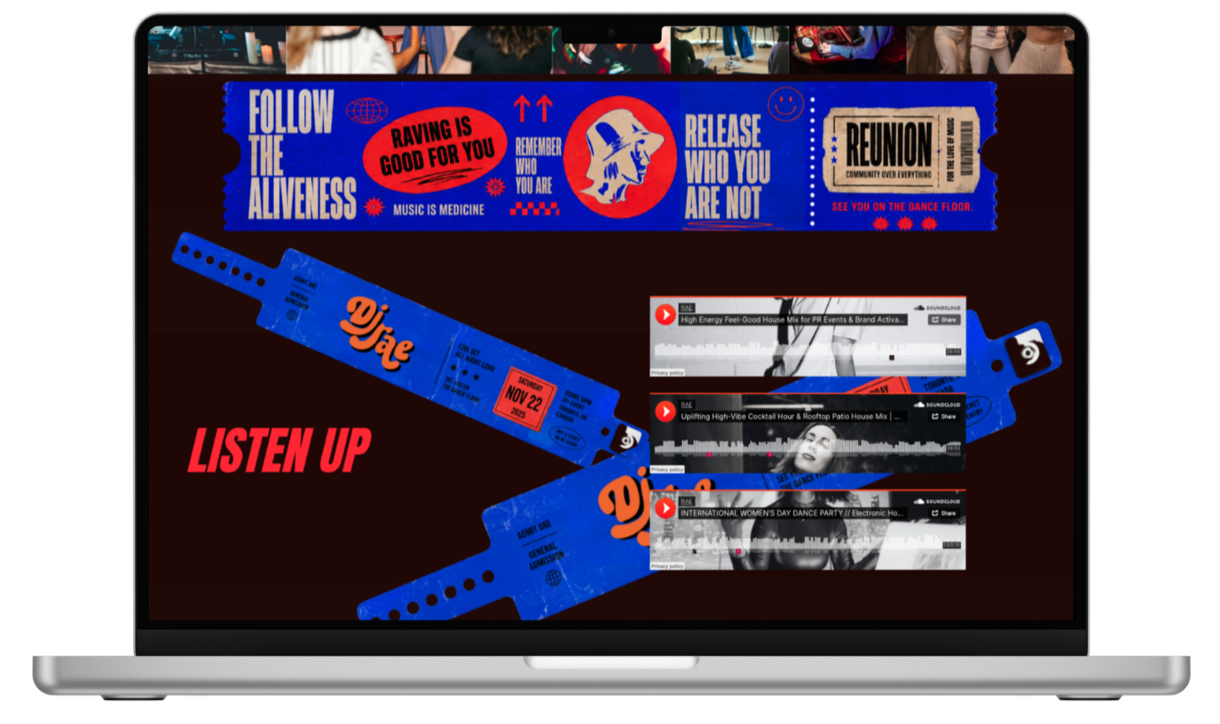 Homepage Music Section (Desktop) — Her mixes are paired with custom artwork designed in her brand style, so planners can hear her sound and feel her world before they book.