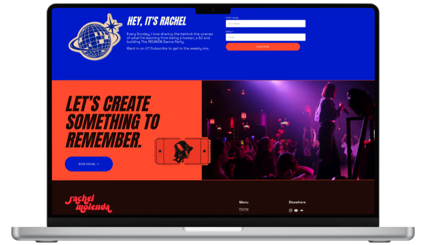 Newsletter Sign-Up & CTA Banner (Desktop) — A custom-styled newsletter sign-up that feels native to the brand, followed by a closing banner that invites visitors to "create something to remember."